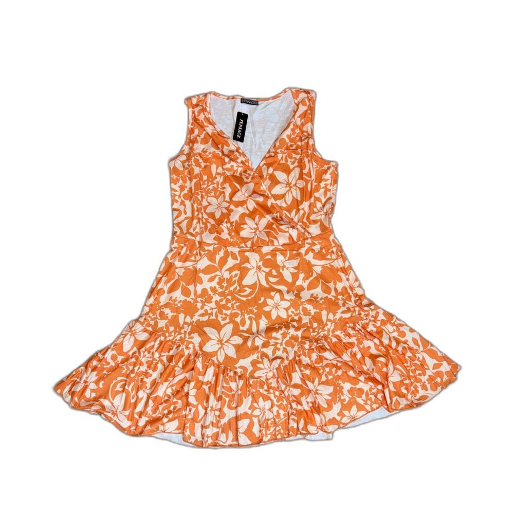 Fensace Women's Orange White Tropical Floral Wrap V Neck Dress XL NWT